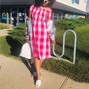 New York & Company Pink Off-Shoulder Midi Sundress